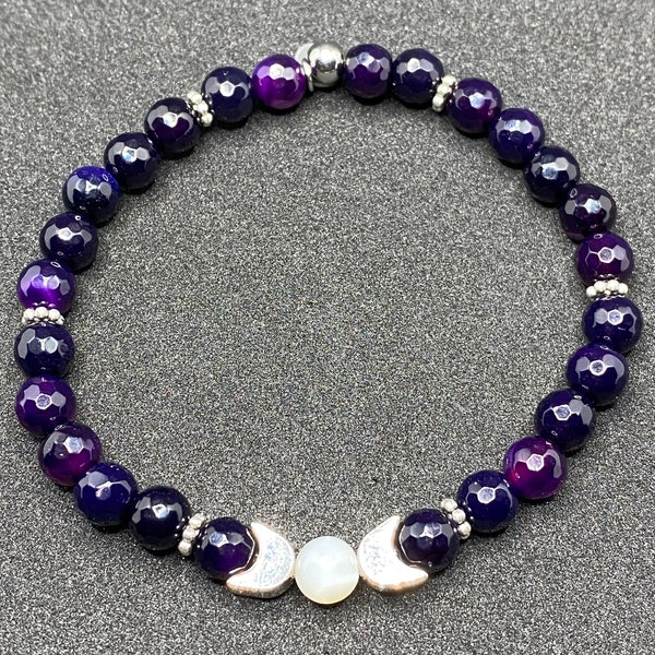 Deep Purple Agate and Triple Moon Goddess Accent Beaded Gemstone Bracelet