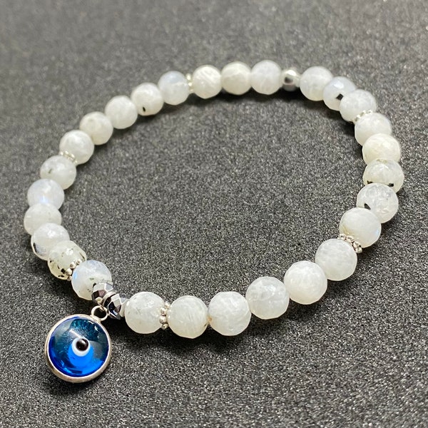 Rainbow Moonstone and Evil Eye Charm Beaded Gemstone Bracelet