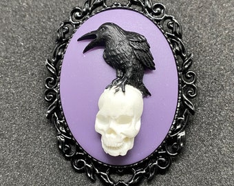 Purple and Black Raven on Skull Cameo Brooch