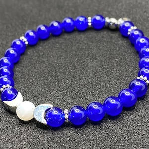 Blue Jade and Triple Moon Goddess Accent Beaded Gemstone Bracelet