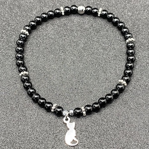Black Jade and Cat Silhouette Charm Delicate Beaded Gemstone Bracelet