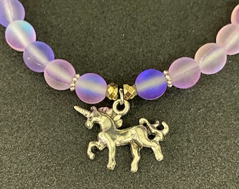 Purple Aura Quartz with Unicorn Charm Beaded Gemstone Bracelet
