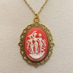 Red Orange and Ivory Three Muses Cameo Necklace
