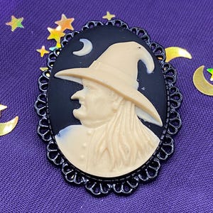 Black and Ivory Witch and Moon Cameo Brooch