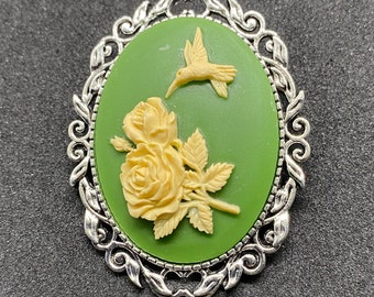 Green and Ivory Hummingbird and Rose Branch Cameo Brooch