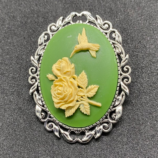 Green and Ivory Hummingbird and Rose Branch Cameo Brooch