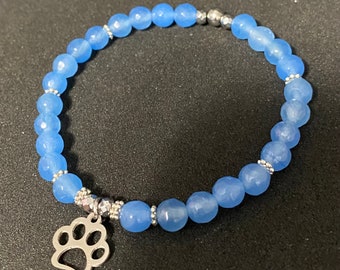 Blue Jade and Paw Charm Beaded Gemstone Bracelet