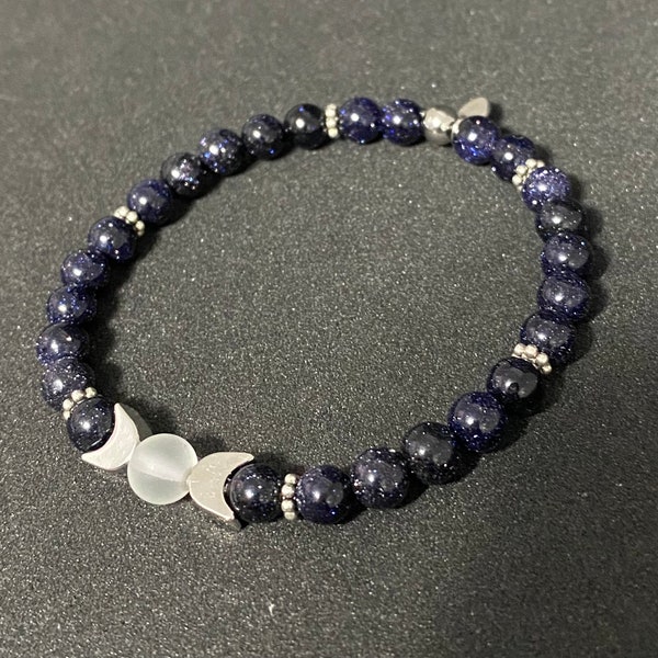 Blue Goldstone and Triple Moon Goddess Accent Beaded Gemstone Bracelet