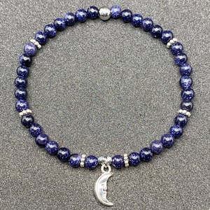 Blue Goldstone and Moon Charm Delicate Beaded Gemstone Bracelet
