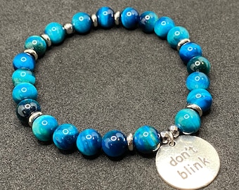 Aqua Tiger’s Eye and Doctor Who Inspired Charm Beaded Gemstone Bracelet