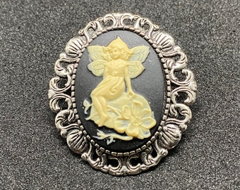 Black and Ivory Fairy Cameo Brooch