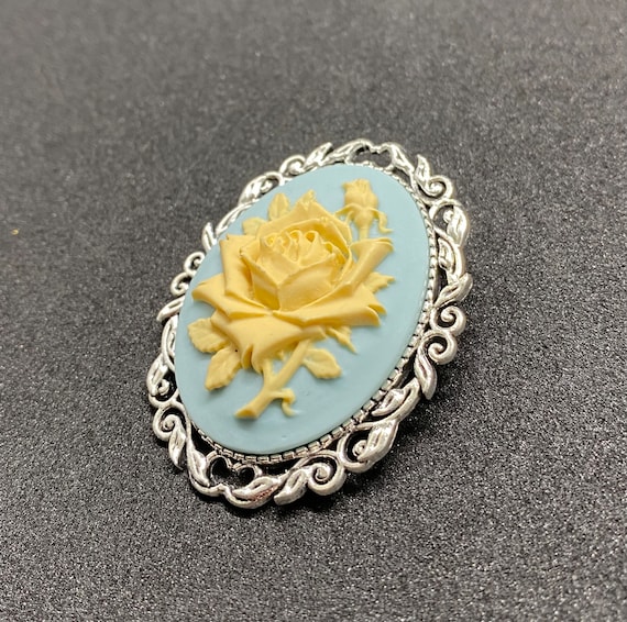 Blue and Ivory Rose Cameo Brooch - Etsy