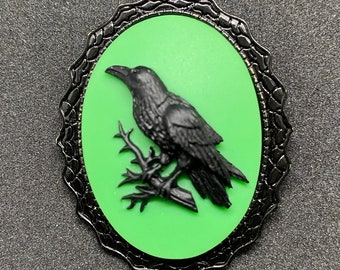 Green and Black Raven Cameo Brooch