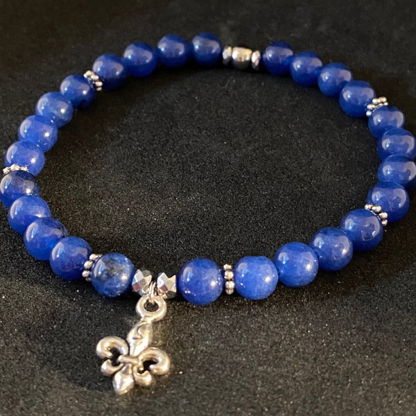 Blue Jade and Fleur de Lis Charm Beaded Gemstone Bracelet