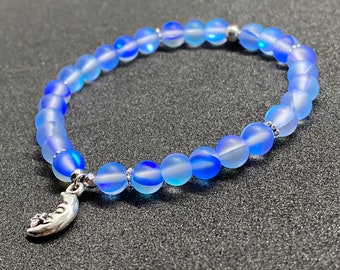 Dark Blue Aura Quartz with Moon Charm Beaded Gemstone Bracelet