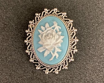 Blue and White Rose Cameo Brooch