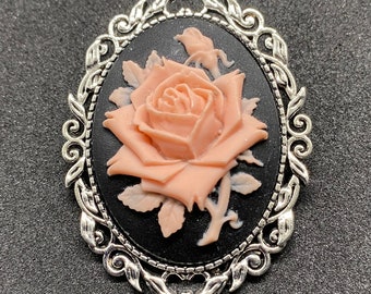 Black and Pink Rose Cameo Brooch