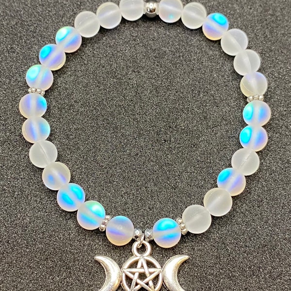 White Aura Quartz and Triple Moon Goddess Charm Beaded Gemstone Bracelet