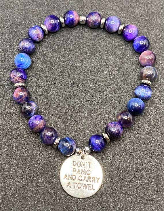 Galaxy Tigers Eye Beads and Hitchhikers Guide to the Galaxy Inspired Charm  Beaded Gemstone Bracelet 