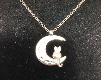 Cat on Crescent Moon Charm Necklace