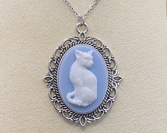 Blue and White Cat Cameo Necklace
