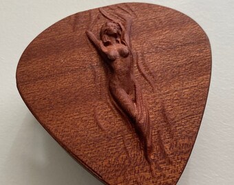 Pick Box Wooden Jewelry Storage - Mahogany with Carving of Woman Made in Wales Guitar Pick Shaped Box