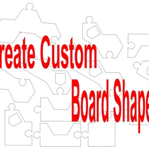 Op de afbeelding: Afbeelding met grijze puzzelstukvormen op een witte achtergrond. Rode tekst luidt "Create Custom Board Shapes". De geometrische, in elkaar grijpende vormen suggereren aanpassingsopties voor bordspellen of knutselwerk.