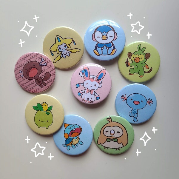 PKMN Button Pins piplup, sylveon, smoliv, jirachi, grookey, rowlet, swablu, chewtle