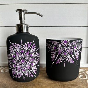 Fuchsia Mandala Soap Dispenser and Toothbrush Holder Set