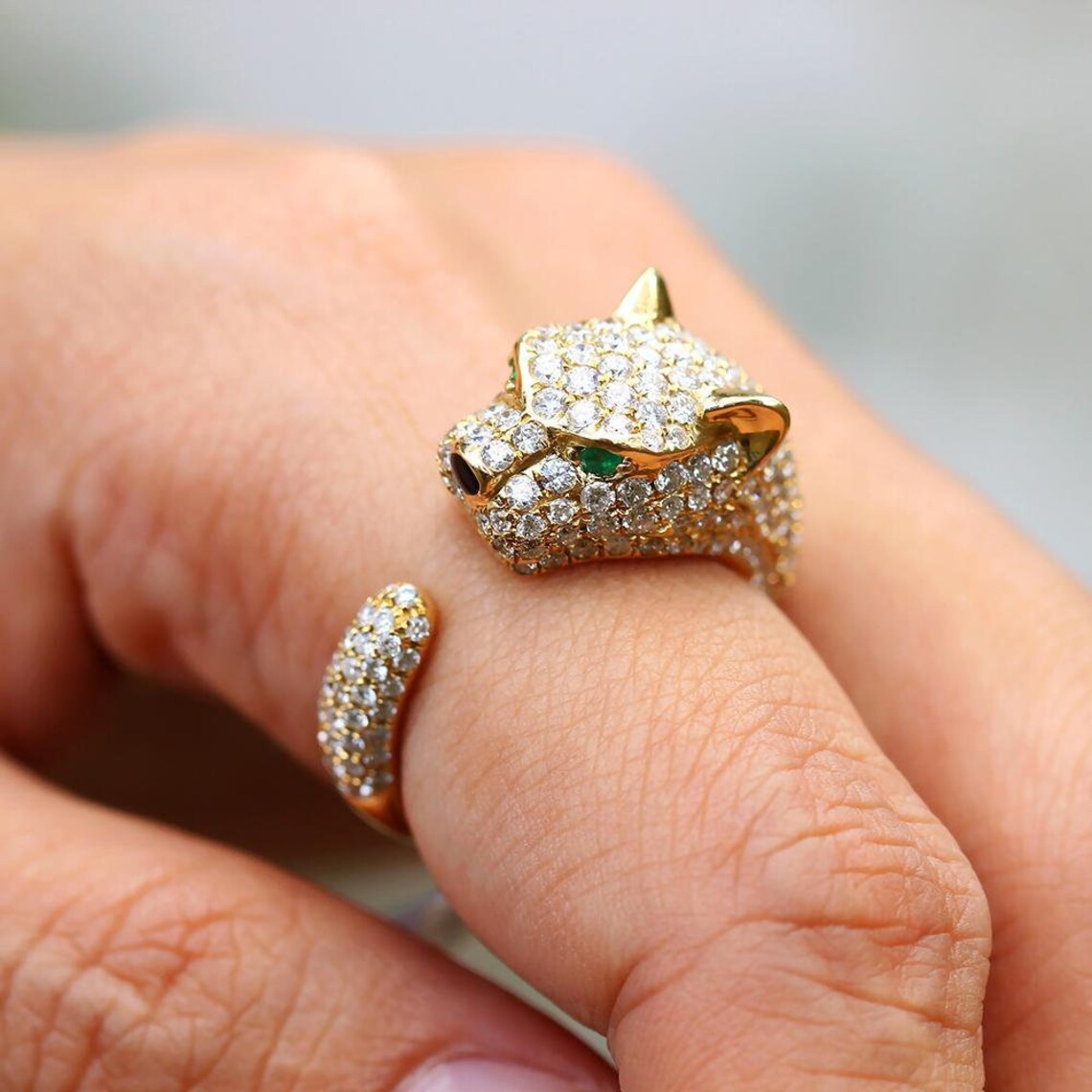 Round Diamond Panther Ring Green Eyed Panther Ring Lion Etsy