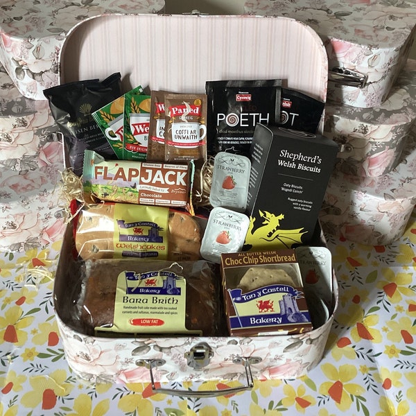 Large Afternoon Tea Hamper. Beautiful suitcase box packed with treats. Shepherds Welsh biscuits, flapjacks, Welsh cakes, shortbreads.