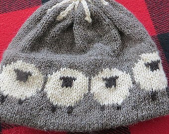 Too Fewe Farm 100% wool handknit 'Flock of Sheep" hat