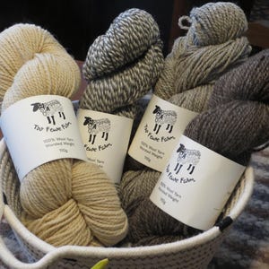 100% wool yarn from Too Fewe Farm available in a variety of our natural (no dyes) colors