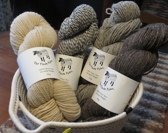 100% wool yarn from Too Fewe Farm available in a variety of our natural (no dyes) colors