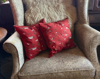 12x12 Decorative Throw Pillows, 100% wool roving fill, Vintage farm scene. Cotton cover