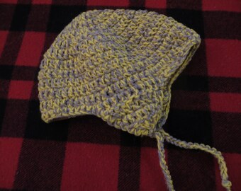 Hand crocheted light grey and yellow hat with tie- small adult/large child