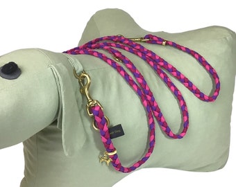 Dog leash, braided, with golden carabiners, in gift box, 3 adjustment options, violet, magenta, wine red