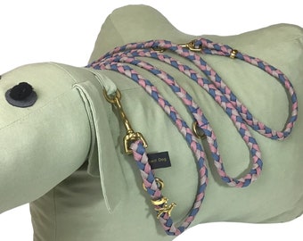 Dog leash, braided, with golden carabiners, in gift box, 3 adjustment options, smoke blue, old pink, light grey