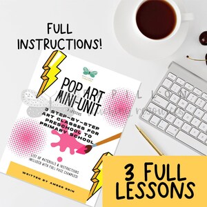 Könnte beinhalten: Eine gelbe und rosa druckbare Ressource für Kunstkurse in der Vorschule und Grundschule. Der Titel lautet "Pop Art Mini-Unit" mit dem Text "3 Step-by-Step Art Classes for Preschool to Primary School". Der Text "3 Full Lessons" befindet sich auf einem gelben Rechteck.