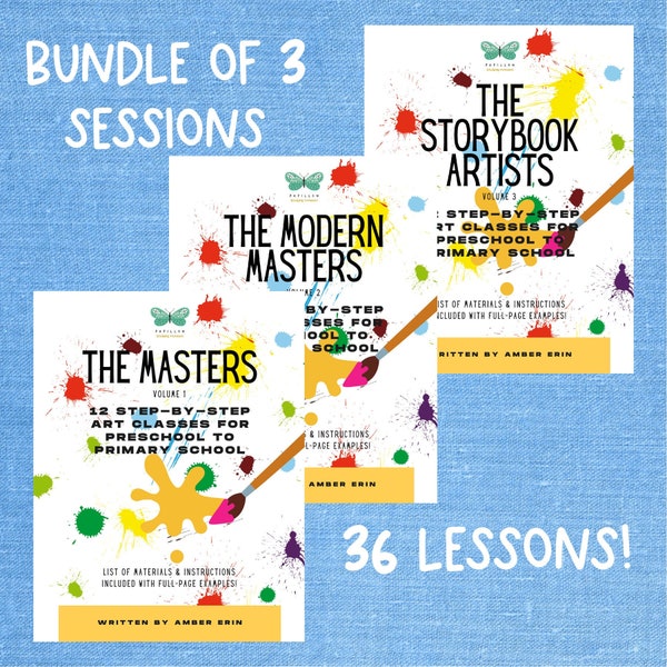 BUNDLE Art Lessons Curriculum | 36 Art Lessons | Step-by-Step Full Instructions + Examples | Great for Schools, Camps + more