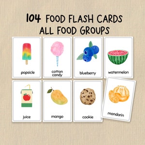 Cartes Flash sur la nourriture en anglais | 104 cartes | Cartes Flash alimentaires imprimables | Leçon de groupe alimentaire | École à la maison Montessori imprimable
