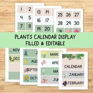 Mur de calendrier de salle de classe de plantes + cartes de vacances | PNG + PDF + PowerPoint | Modifiable | Décor de salle de classe aux couleurs naturelles | Salle de classe bohème