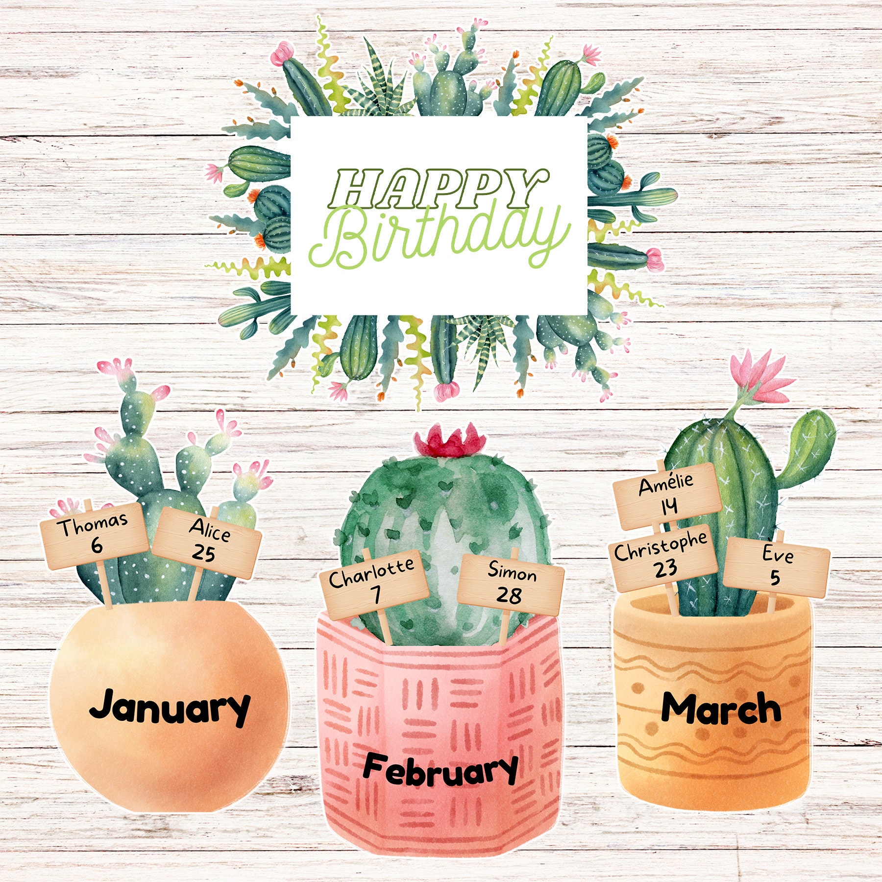 Cactus Classroom Birthday Wall | PNG + PDF | Natural Colors Classroom Decor | Boho Classroom