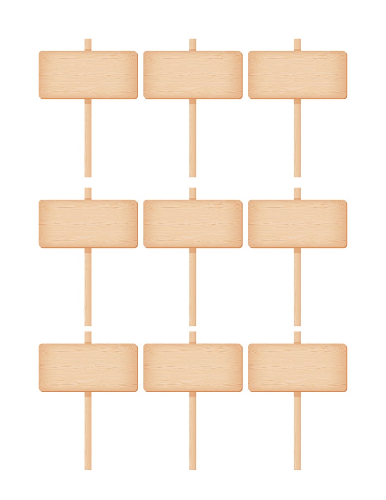 May include: Nine blank wooden signs with sticks attached, arranged in three rows of three signs. The signs are light brown and have a wood grain texture.