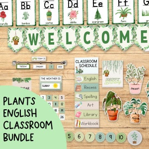 Ensemble pour la classe Plantes | PNG + PDF + Powerpoint | Modifiable | Décoration de salle de classe aux couleurs naturelles | Salle de classe bohème