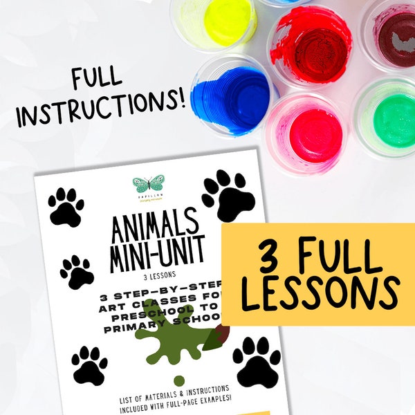 Animals Art Lessons Mini-Unit | 3 Art Lessons | Step-by-Step Full Instructions + Examples | Use in School, Camp, Homeschool & more!