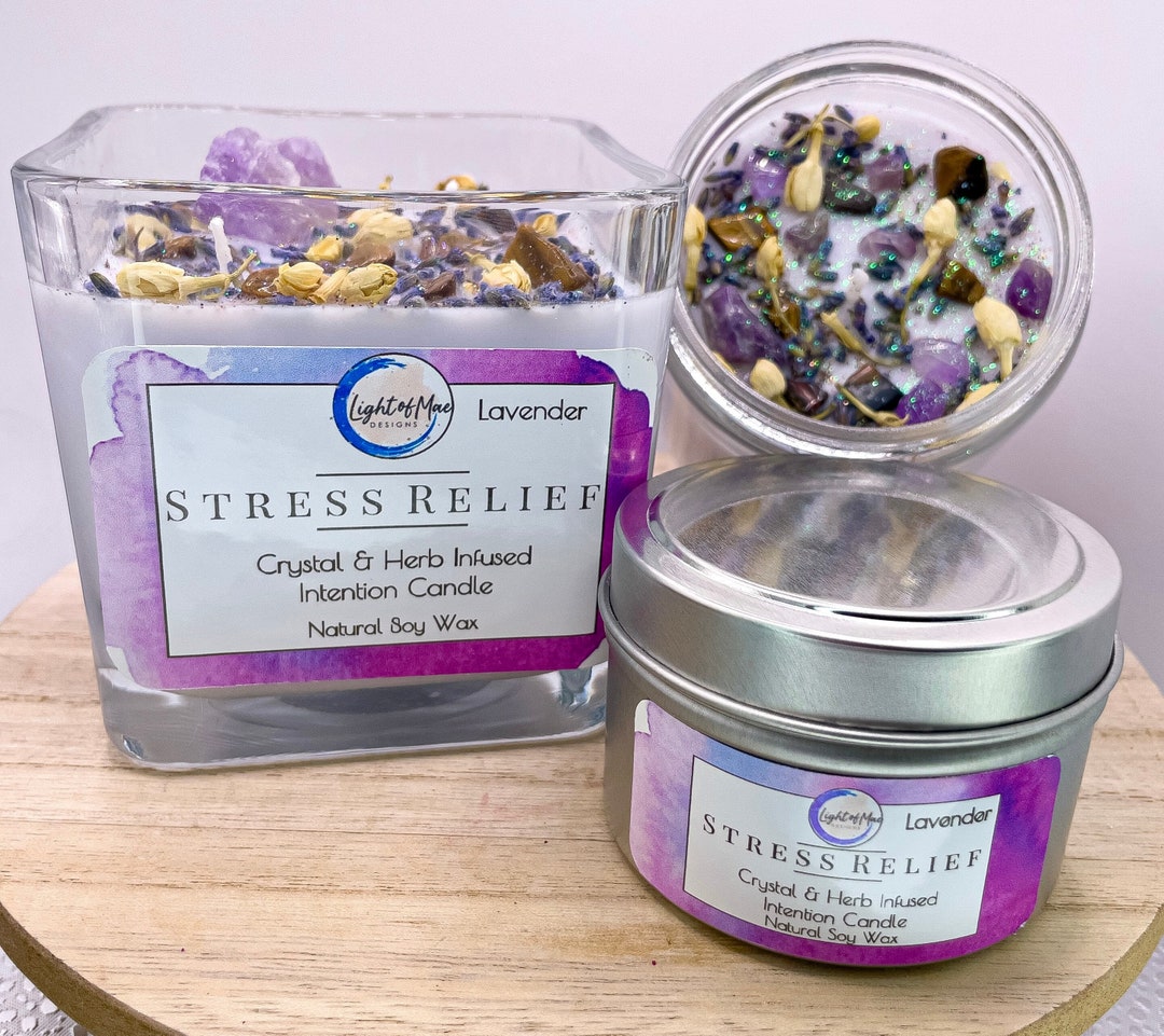 Stress Relief Crystal Intention Candle, Promote Stress Relief, Lavender