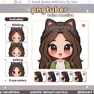 かわいい猫 PNGtuber モデル | 明るいかわいい女の子ブルネットちび 5 目の色 | すぐに使える既製の Twitch ストリーミングアバター リアクティブ Veadotube