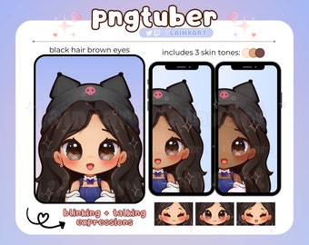 May include: A digital illustration of a cartoon character with black hair, brown eyes, and a black headband with a skull design. The character is shown in three different skin tones. The image includes the text "Pngtuber" and "@LAINXART".