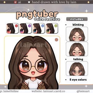 Puede incluir: Una ilustración de dibujos animados de un personaje femenino con cabello castaño y gafas. El personaje está animado y tiene cinco colores de ojos diferentes. El personaje es reactivo a la voz e incluye animaciones de parpadeo y habla. El texto "pngtuber" y "voice reactive" está incluido en la imagen.
